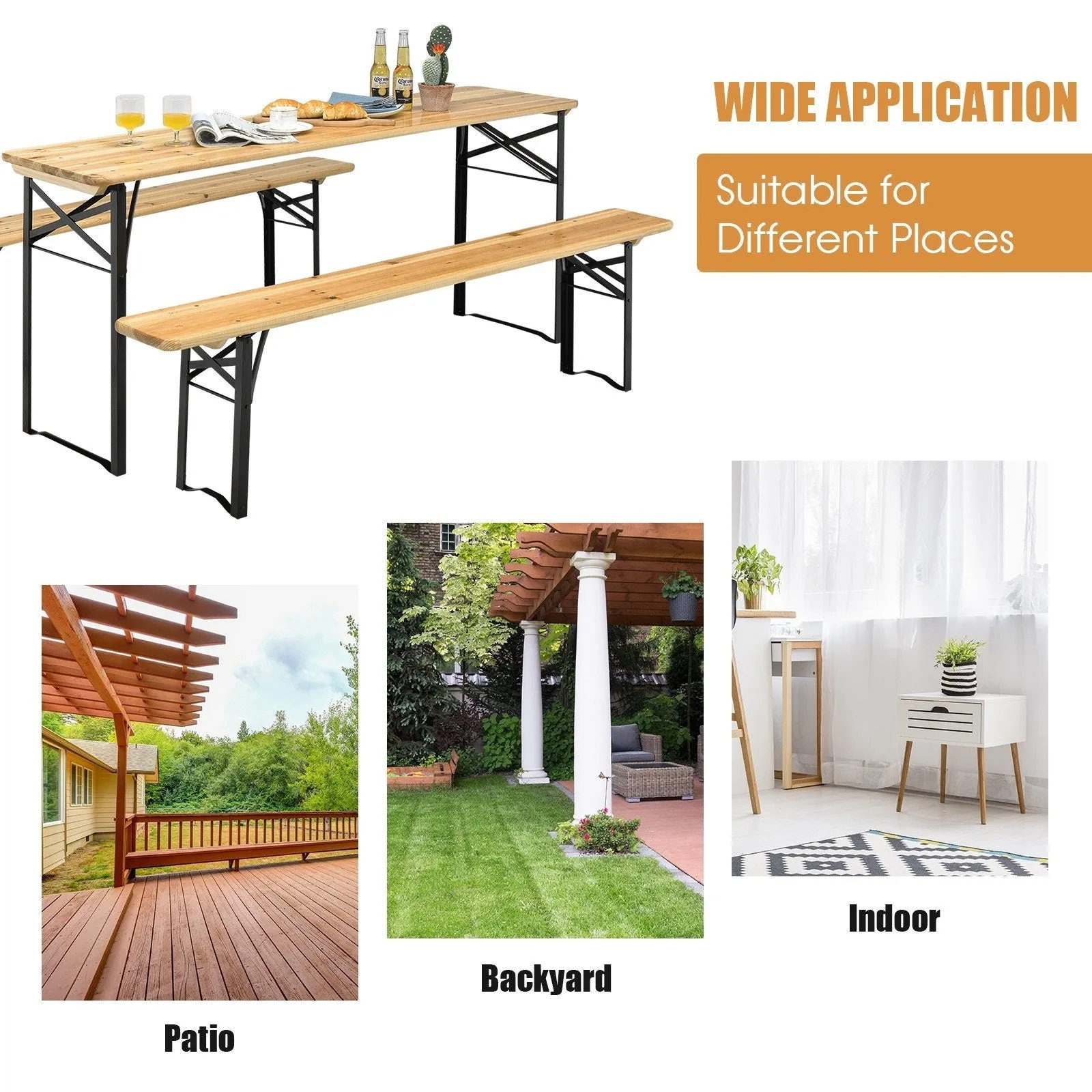 3 Pieches Folding Wooden Picnic Table Bench Set