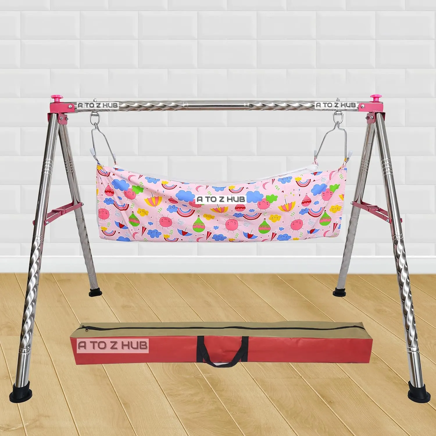 A TO Z HUB Baby Swing Cradle: Portable Folding Jhula/Ghodiyu/with Free Cotton Hammock - Create a Soothing Oasis for Your Precious Little One (Pink)