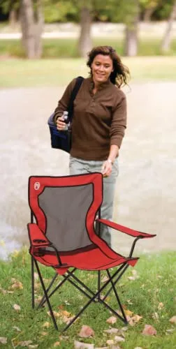 Coleman Broadband Red Mesh Quad Camping Chair with Cup Holder and Nylon mesh back