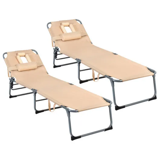 Folding Chaise Lounge Chair with Face Hole for Beach-Beige
