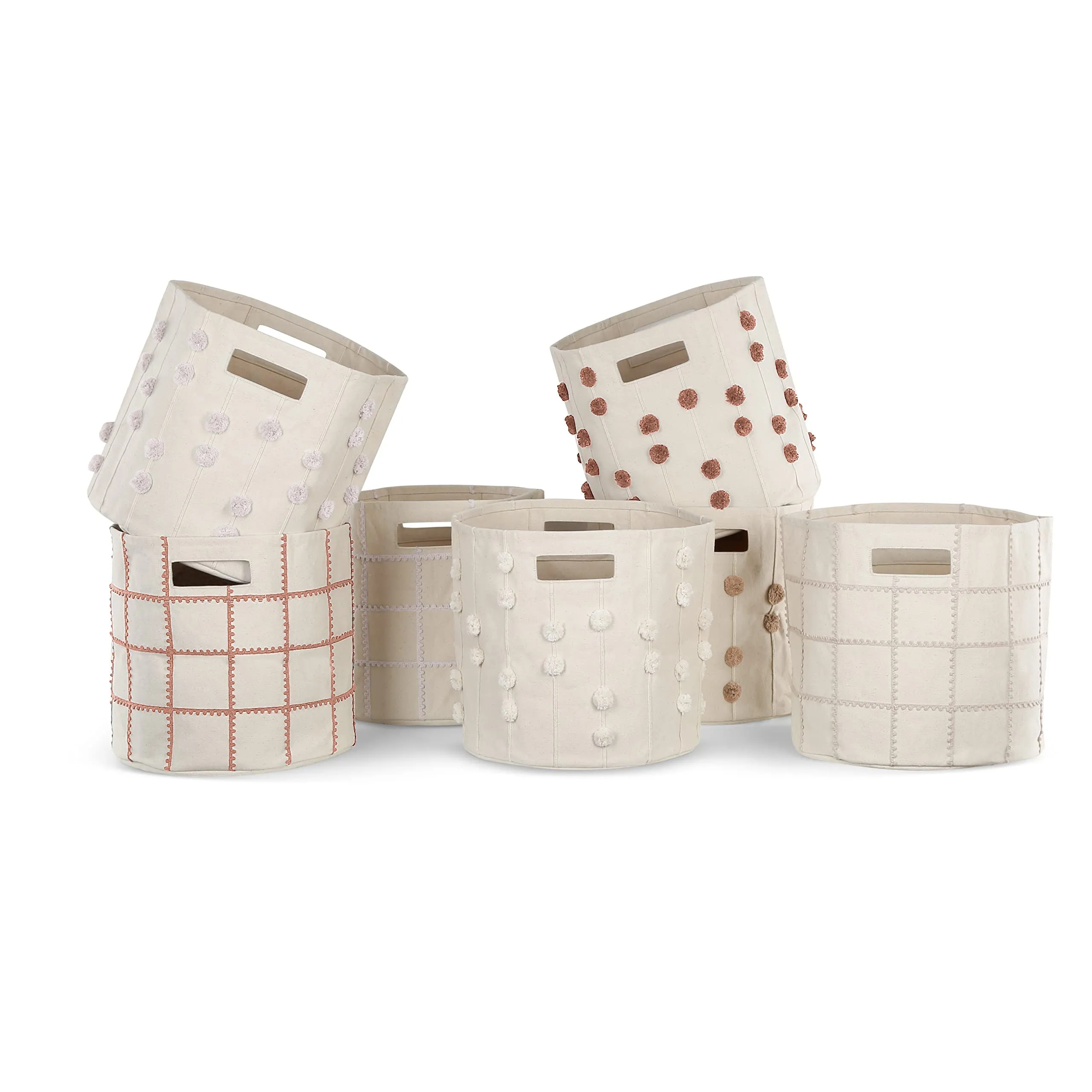 Handmade Canvas Storage Basket Pom Pom - Taupe