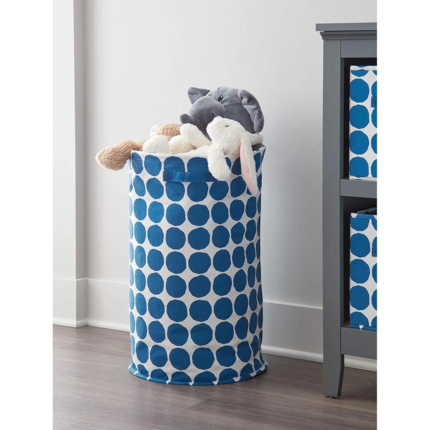 iDesign Dot Fabric Round Storage Bin With Side Handles, Blue, 15x15x24 Inches