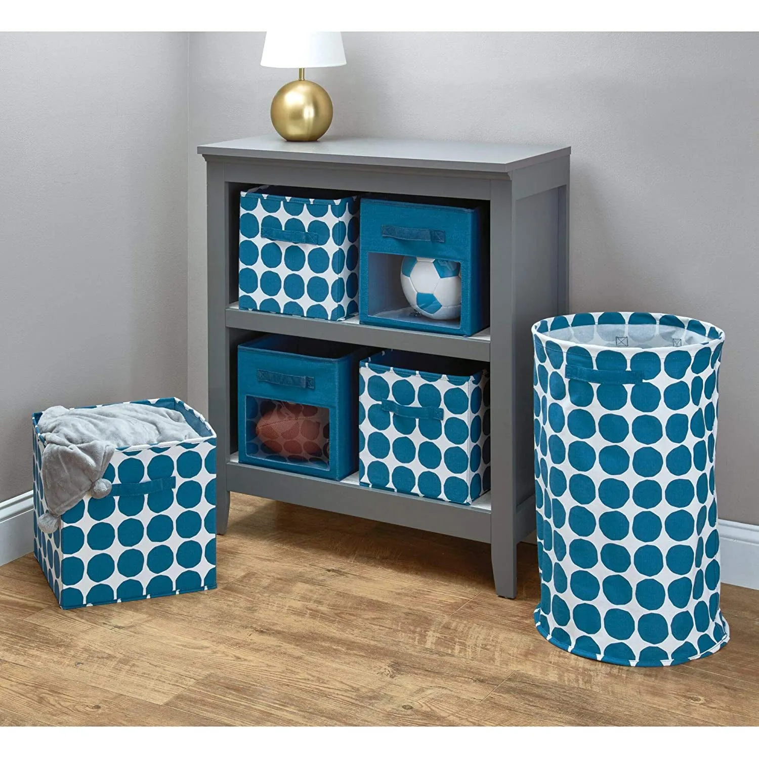 iDesign Dot Fabric Round Storage Bin With Side Handles, Blue, 15x15x24 Inches