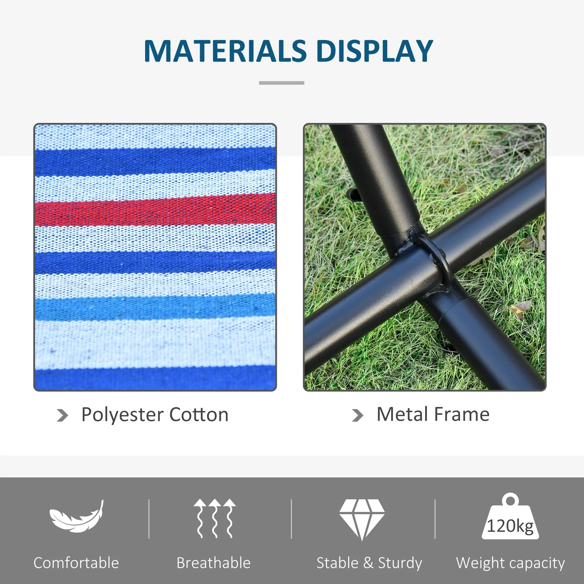 Outsunny Blue Multi- coloured   Hammock with Metal Stand and Carrying Bag.