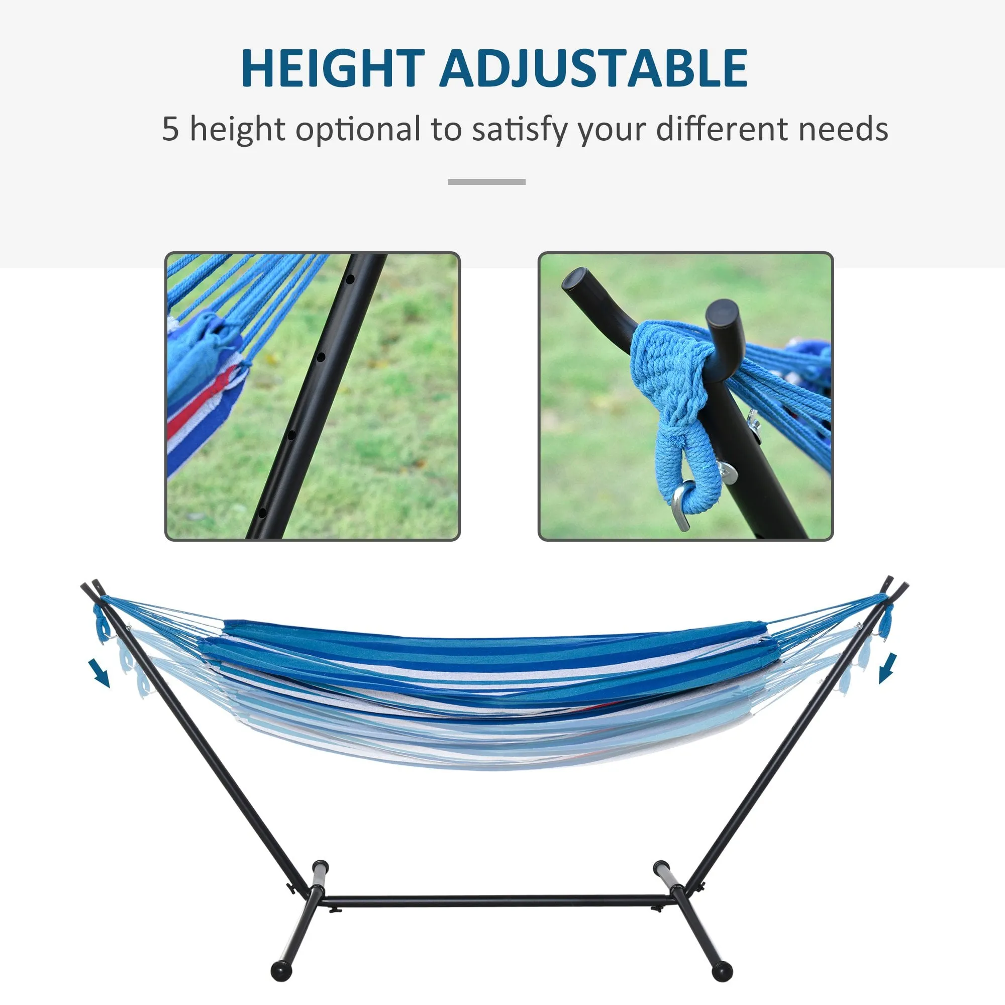 Outsunny Blue Multi- coloured   Hammock with Metal Stand and Carrying Bag.