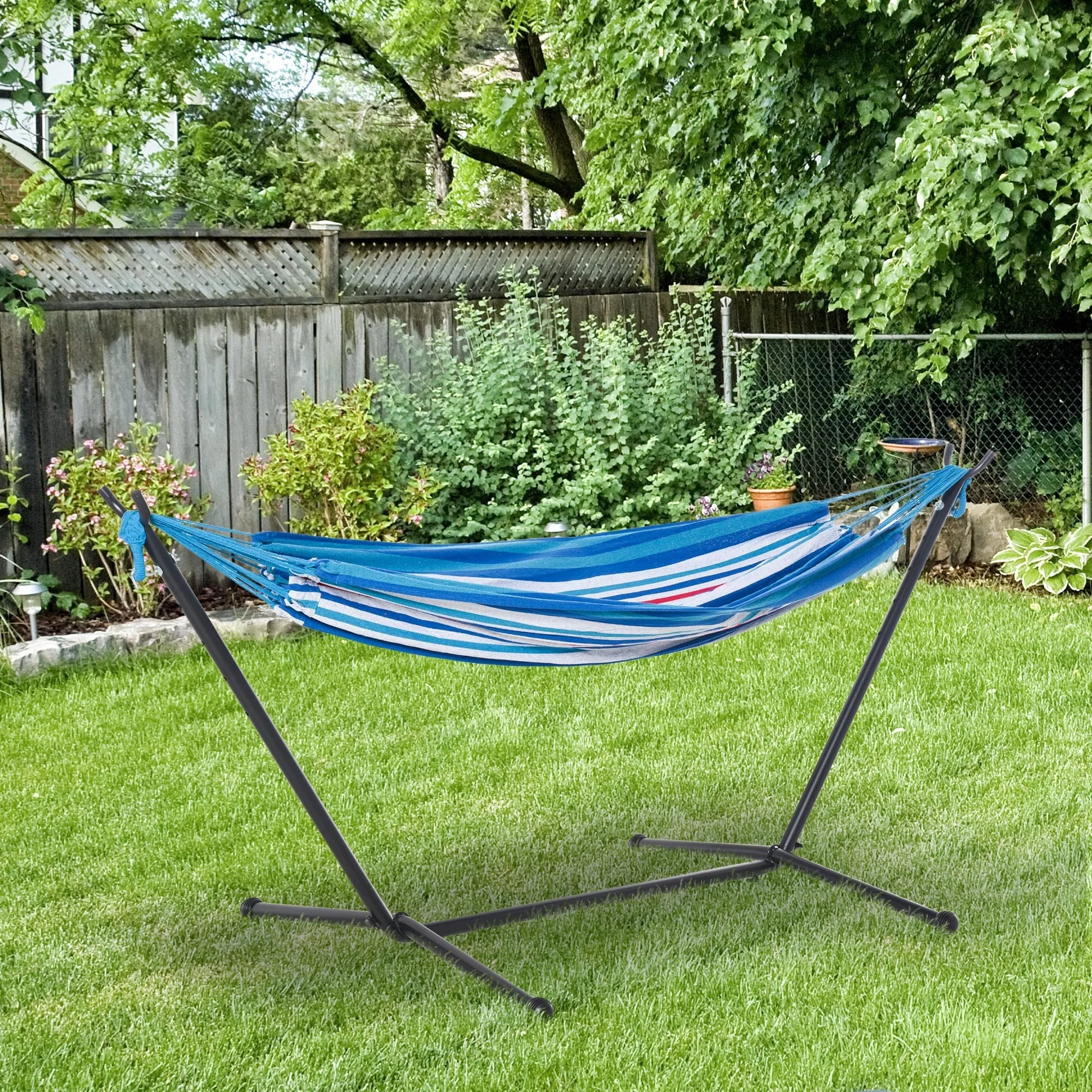 Outsunny Blue Multi- coloured   Hammock with Metal Stand and Carrying Bag.