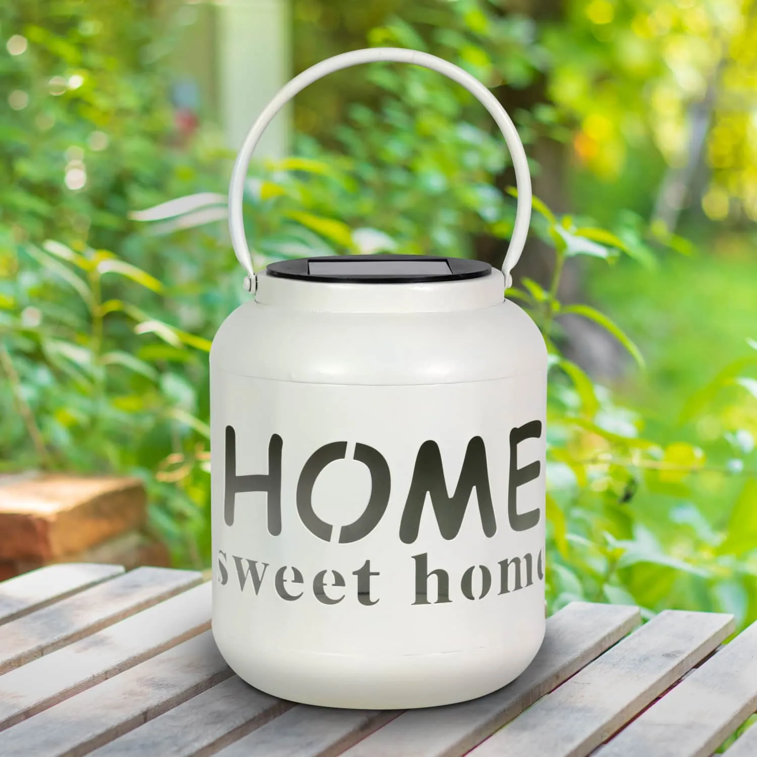 Solar Home Sweet Home Metal Garden Lantern in White, 7 Inch