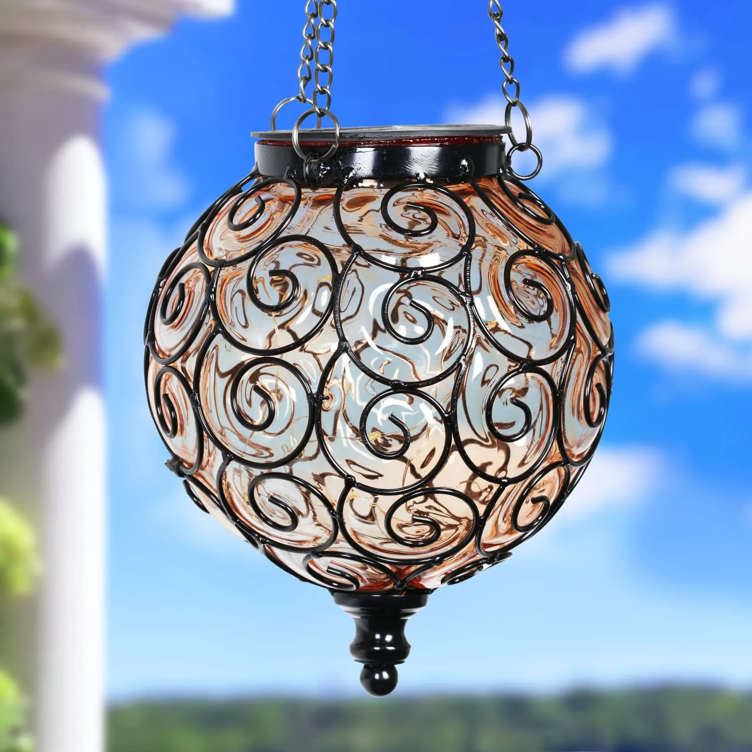 Solar Round Glass and Metal Hanging Lantern in Amber with 15 Cool White LED Firefly String Lights, 7 by 21 Inches