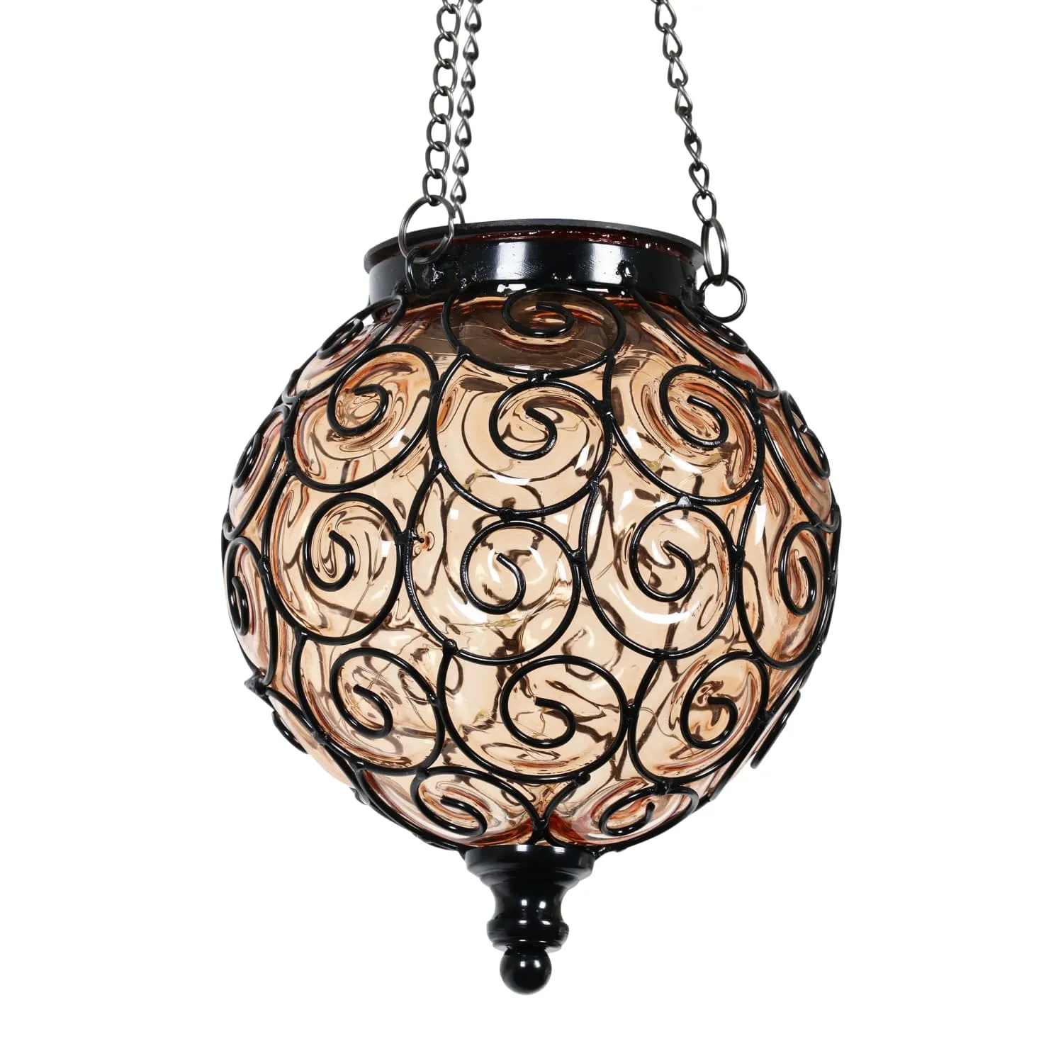 Solar Round Glass and Metal Hanging Lantern in Amber with 15 Cool White LED Firefly String Lights, 7 by 21 Inches