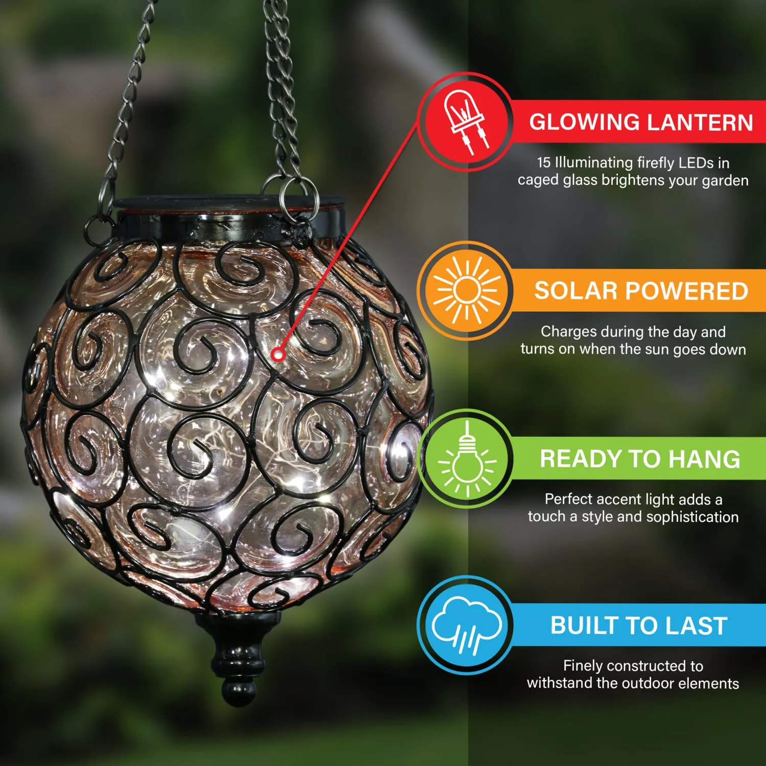 Solar Round Glass and Metal Hanging Lantern in Amber with 15 Cool White LED Firefly String Lights, 7 by 21 Inches