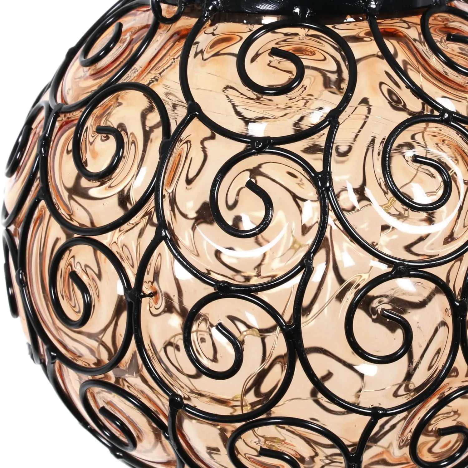 Solar Round Glass and Metal Hanging Lantern in Amber with 15 Cool White LED Firefly String Lights, 7 by 21 Inches