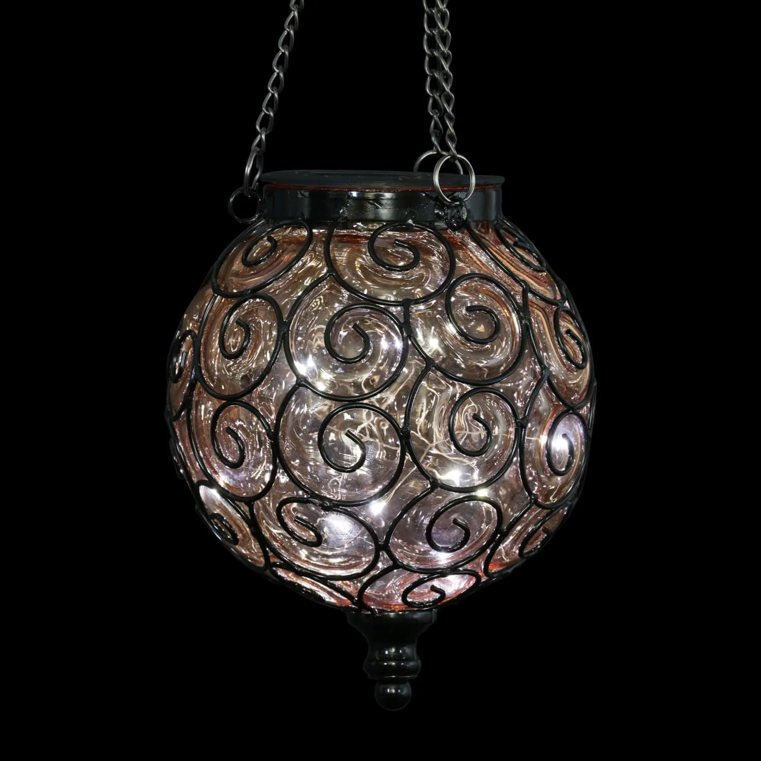 Solar Round Glass and Metal Hanging Lantern in Amber with 15 Cool White LED Firefly String Lights, 7 by 21 Inches