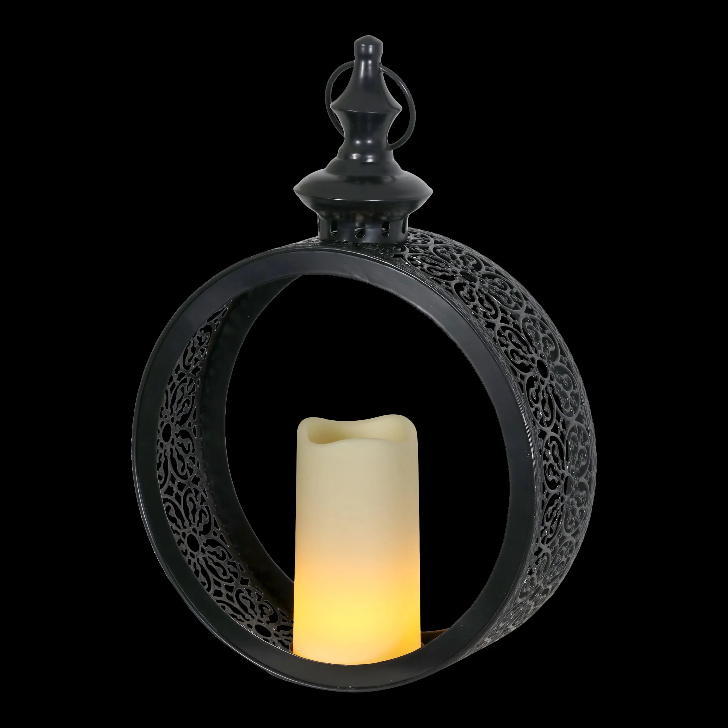 Solar Round Metal Hanging Lantern with a LED Candle on a Timer, 10 by 15 Inches