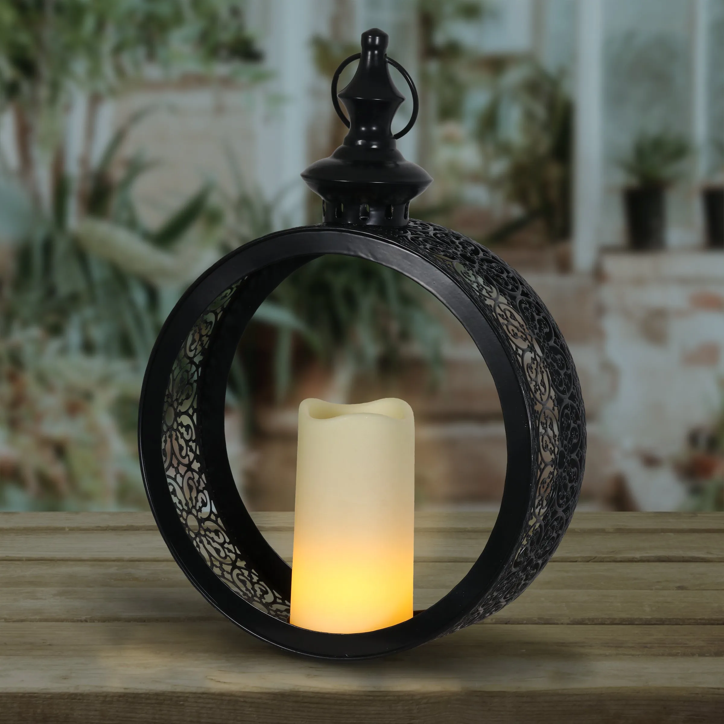 Solar Round Metal Hanging Lantern with a LED Candle on a Timer, 10 by 15 Inches