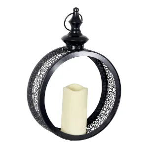 Solar Round Metal Hanging Lantern with a LED Candle on a Timer, 10 by 15 Inches