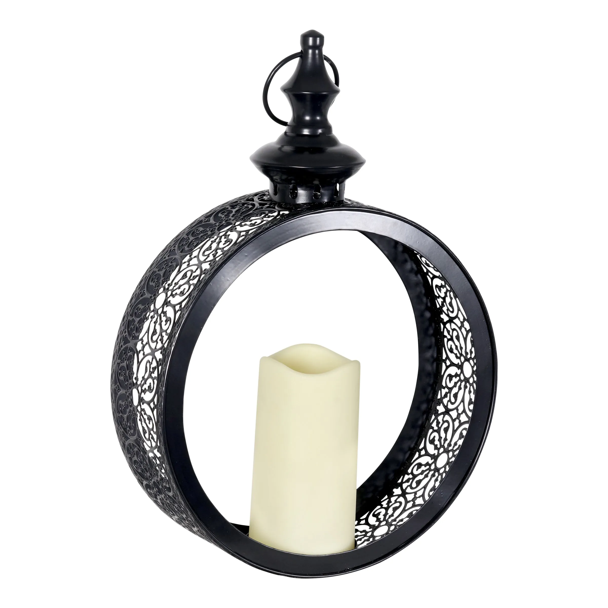 Solar Round Metal Hanging Lantern with a LED Candle on a Timer, 10 by 15 Inches
