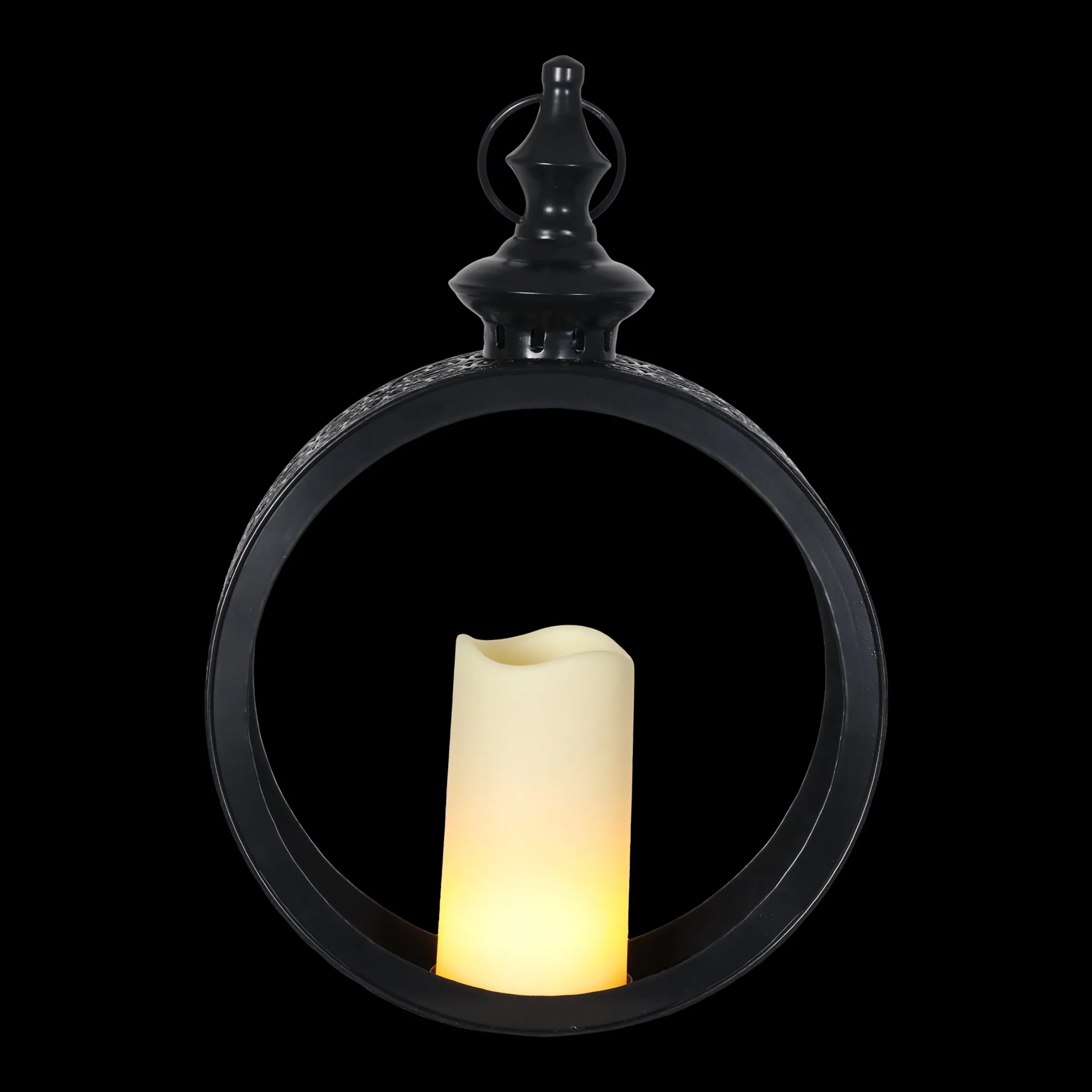 Solar Round Metal Hanging Lantern with a LED Candle on a Timer, 10 by 15 Inches