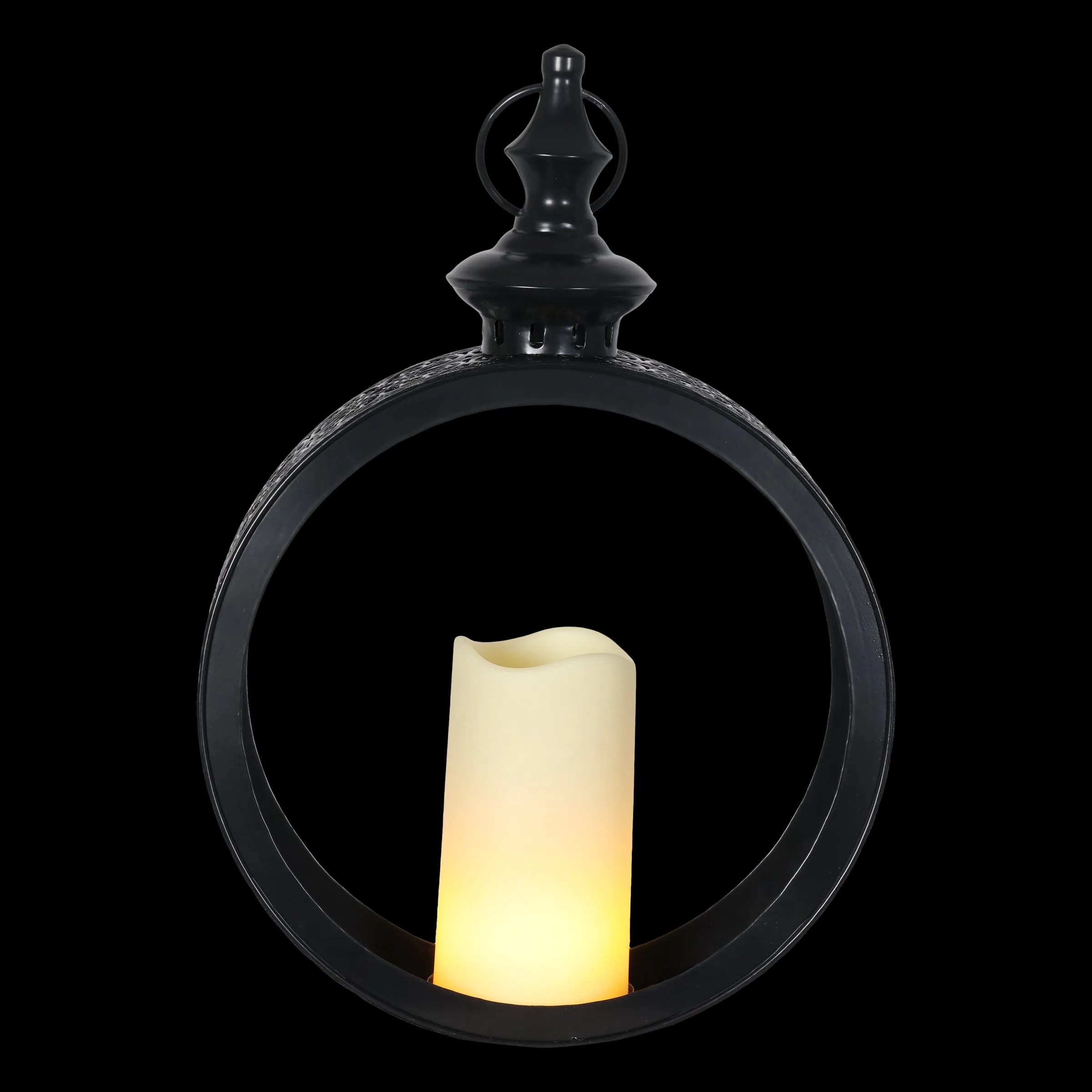 Solar Round Metal Hanging Lantern with a LED Candle on a Timer, 10 by 15 Inches