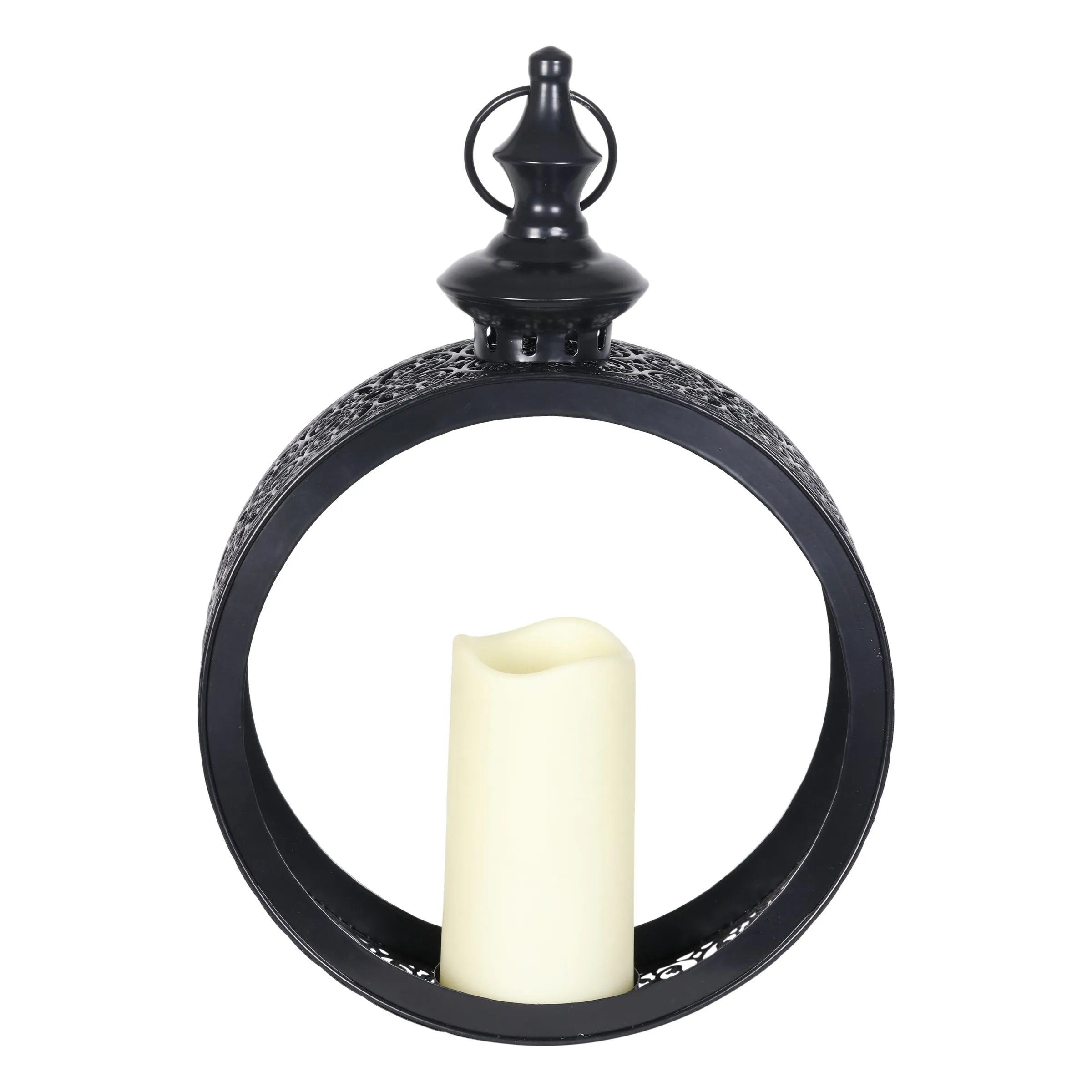 Solar Round Metal Hanging Lantern with a LED Candle on a Timer, 10 by 15 Inches