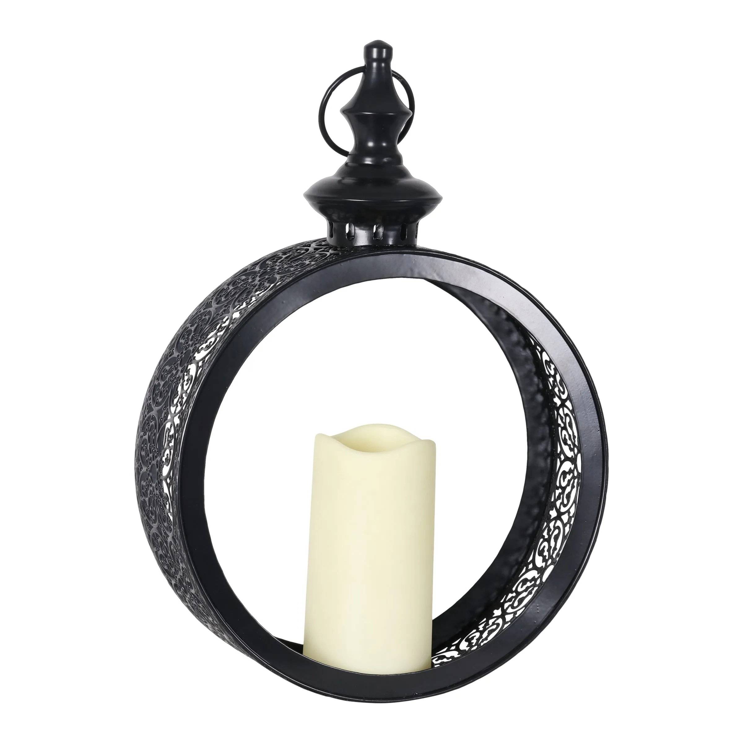 Solar Round Metal Hanging Lantern with a LED Candle on a Timer, 10 by 15 Inches