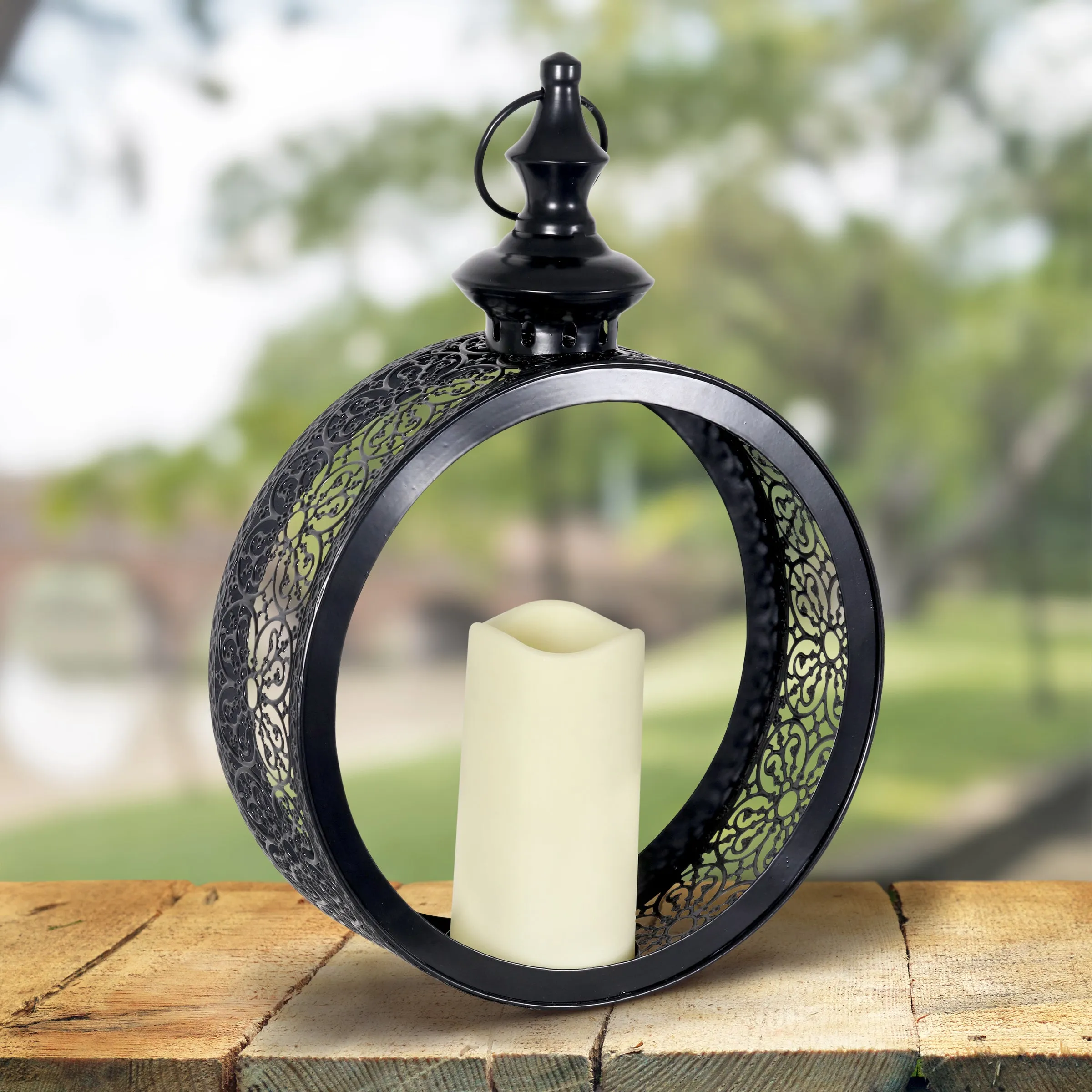 Solar Round Metal Hanging Lantern with a LED Candle on a Timer, 10 by 15 Inches