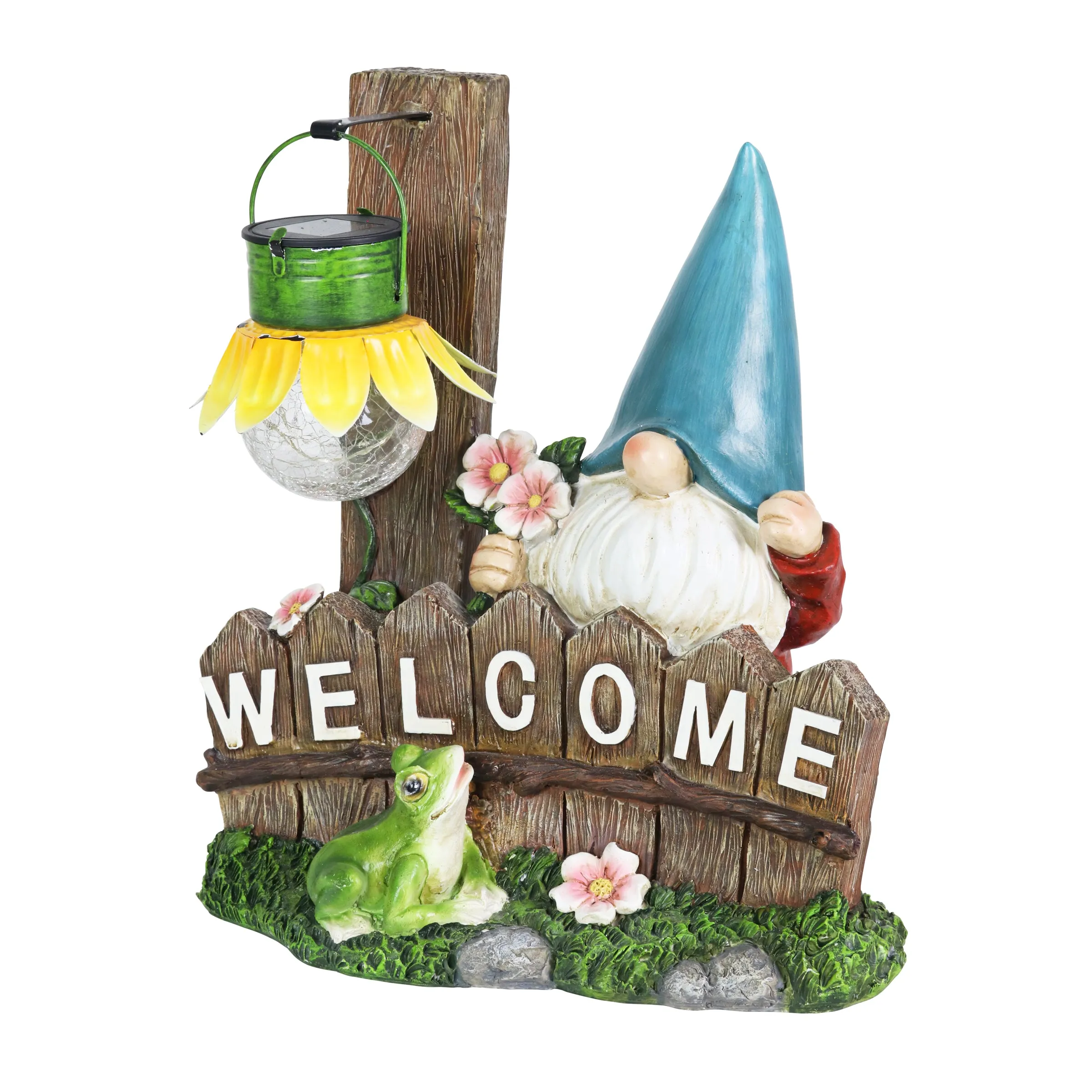 Solar Sunflower Lantern Welcome Sign Gnome Statuary, 11 by 13 Inches
