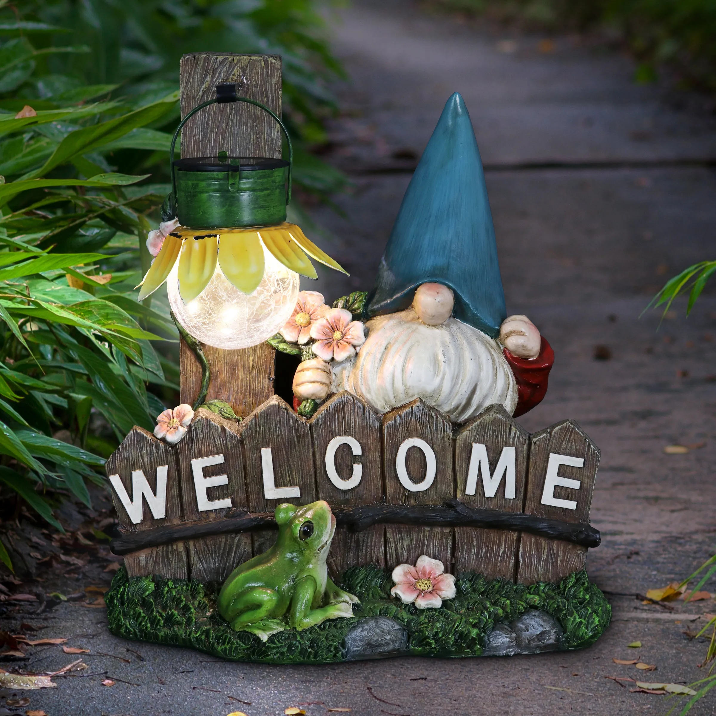 Solar Sunflower Lantern Welcome Sign Gnome Statuary, 11 by 13 Inches