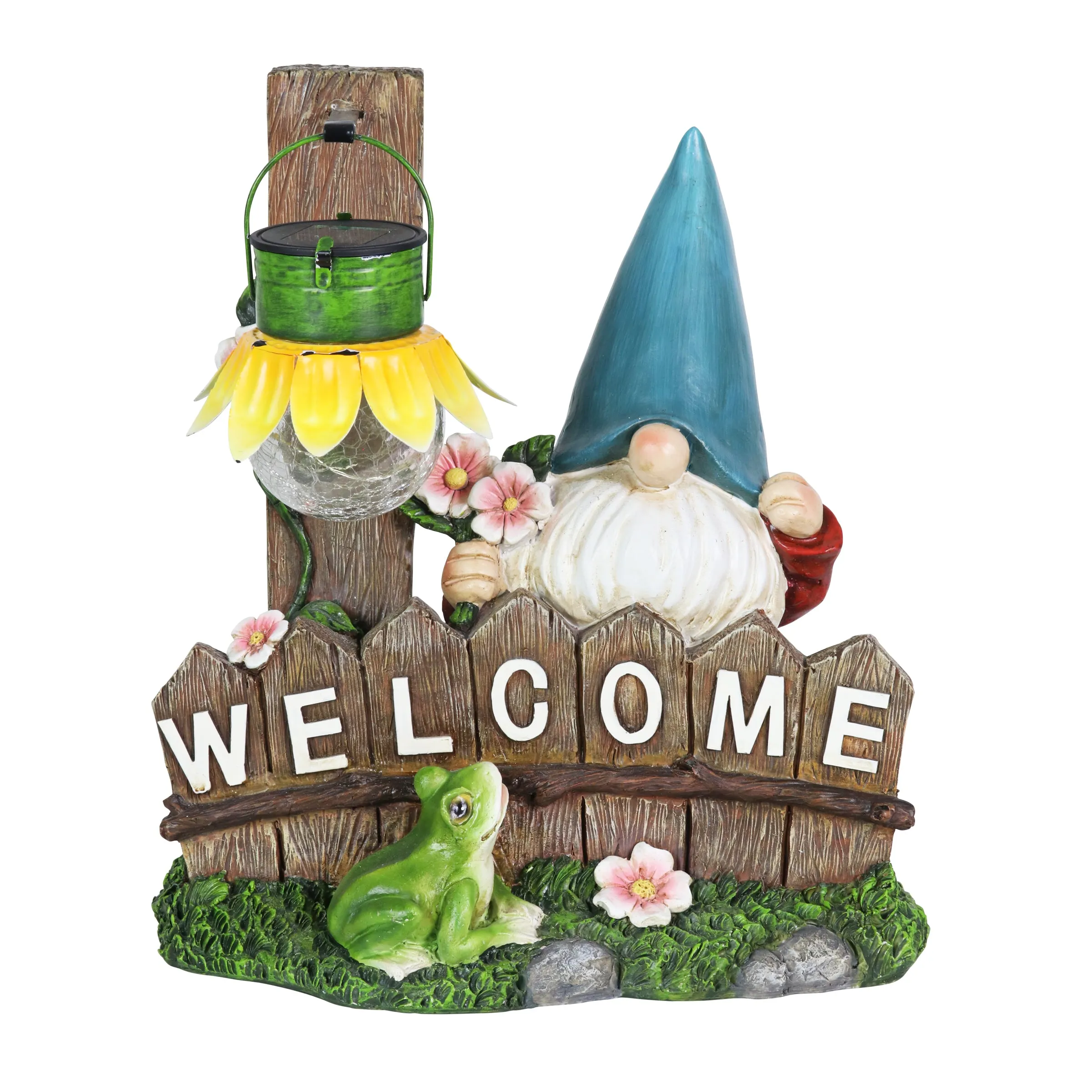 Solar Sunflower Lantern Welcome Sign Gnome Statuary, 11 by 13 Inches