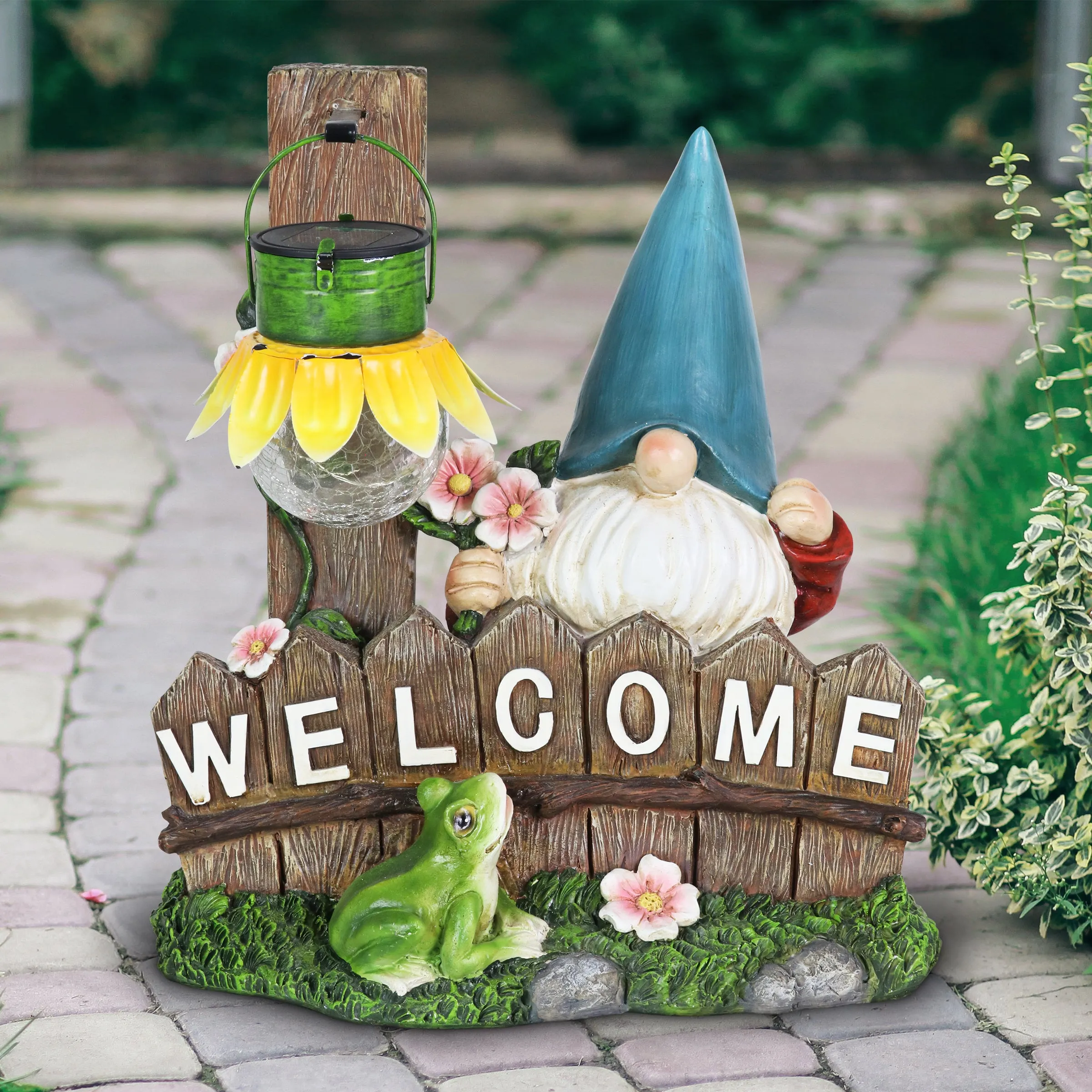 Solar Sunflower Lantern Welcome Sign Gnome Statuary, 11 by 13 Inches