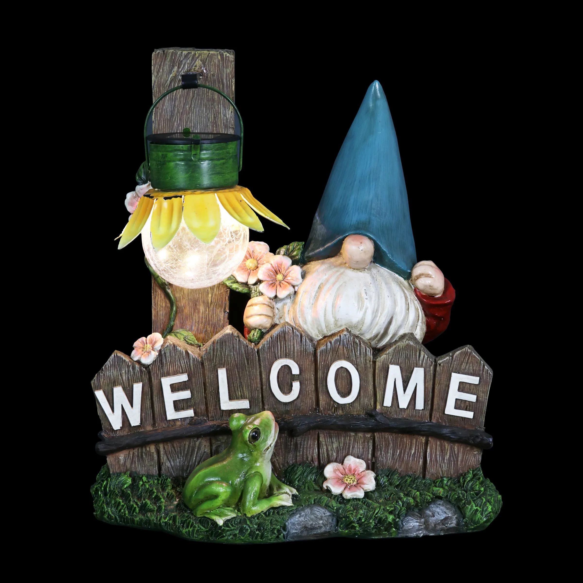 Solar Sunflower Lantern Welcome Sign Gnome Statuary, 11 by 13 Inches